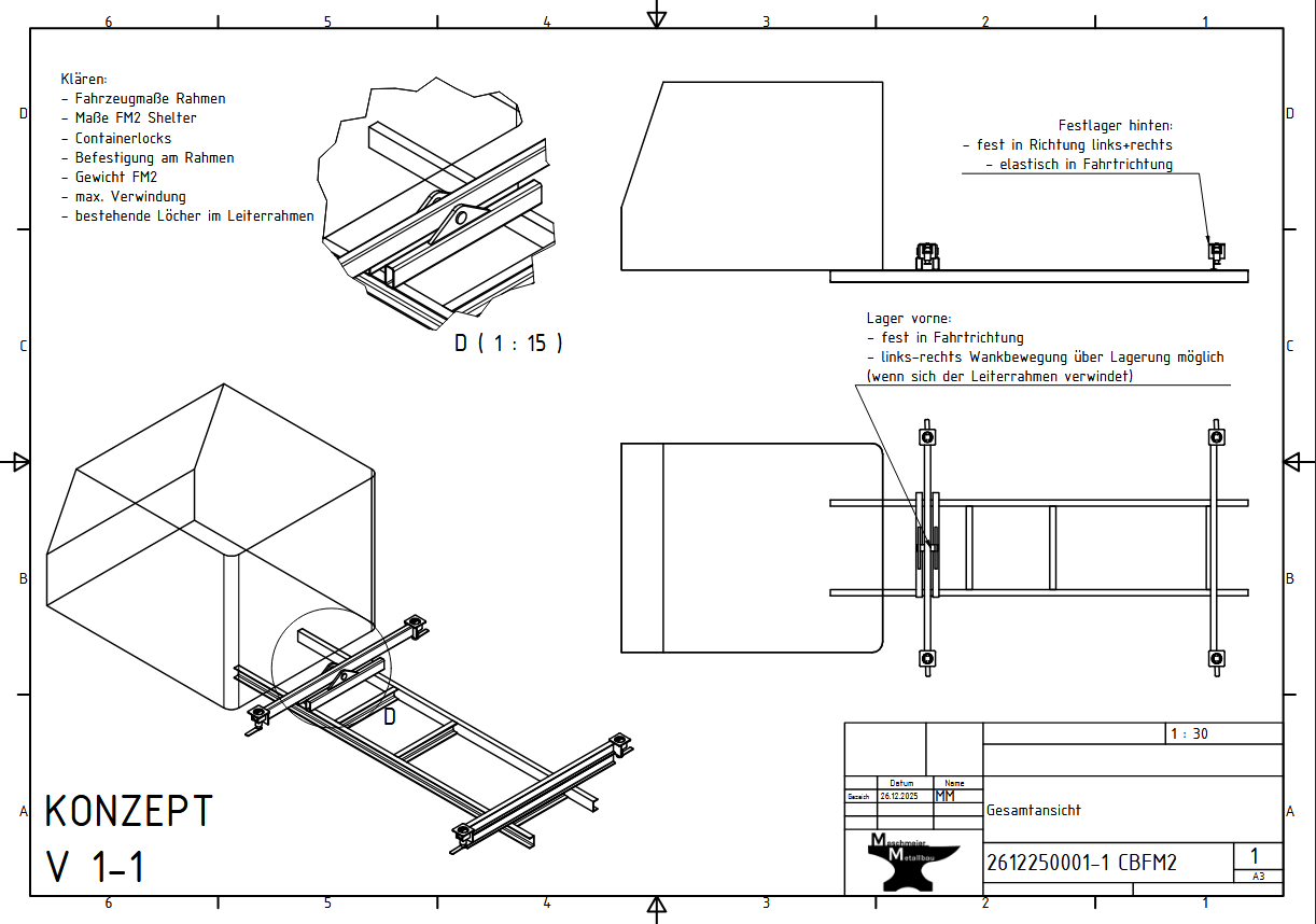 Konzeptplan eines LKW-Aufbaus für Shelter-Container um eine Maßanfertigung nach Kundenwunsch zu planen